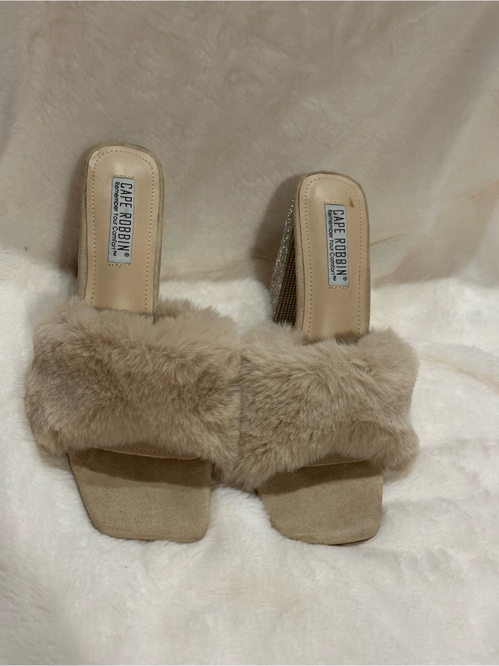 Cape Robbin Tan Faux-Fur Slide Heels with Rhinestone Block Heel - Picture 2 of 6